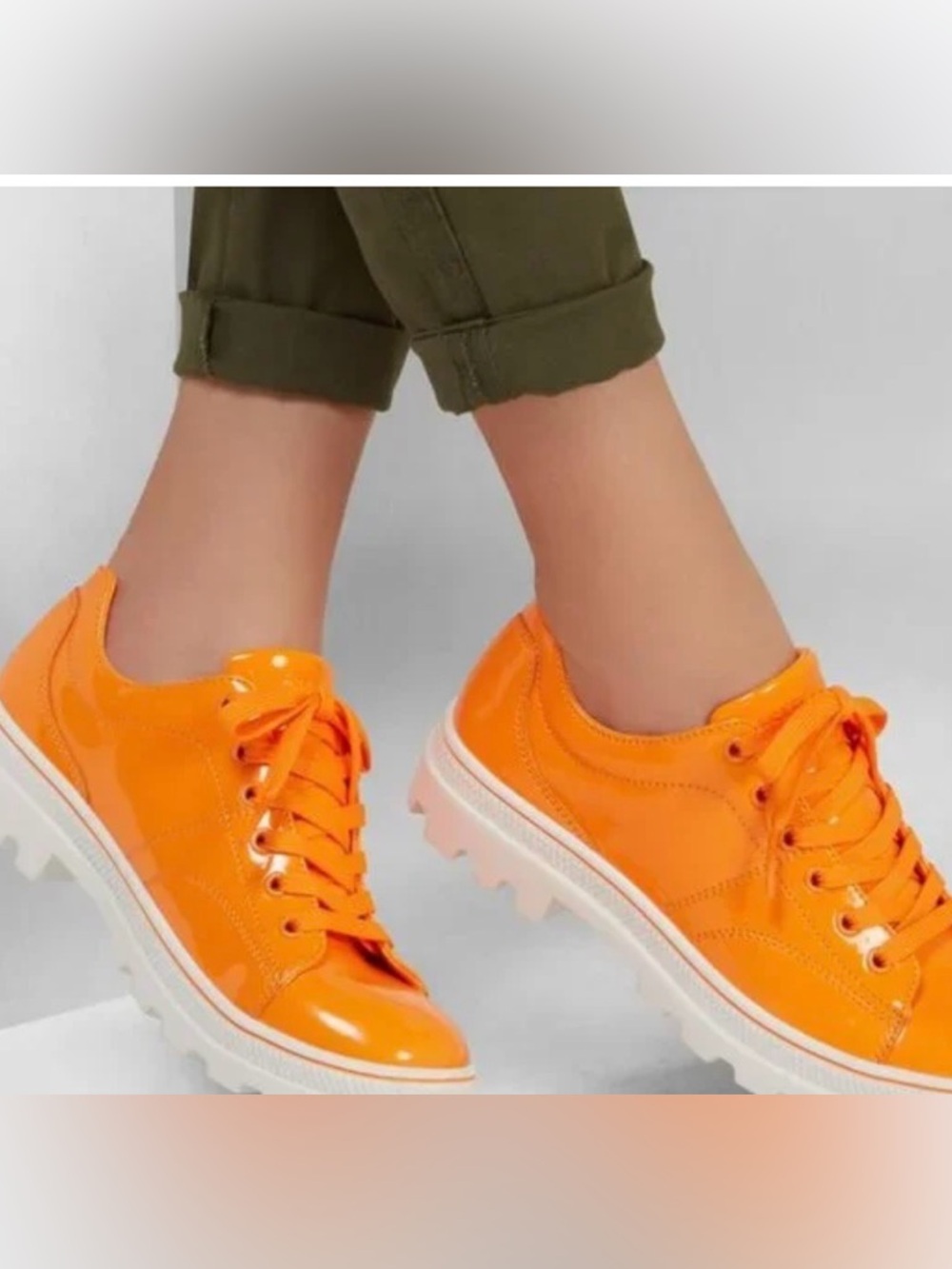 SKECHERS Orange “Street Roadies” 90sBBY Sneakers; lace-up; patent leather; sz 8